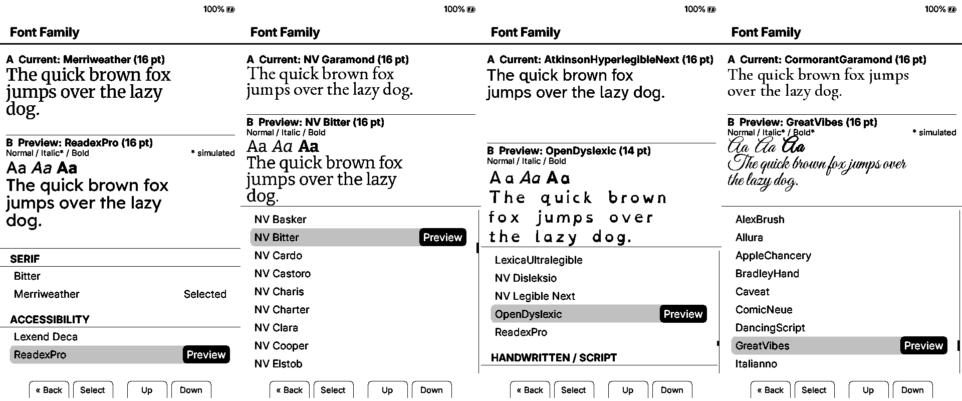Categorized font browsing with side-by-side style previews