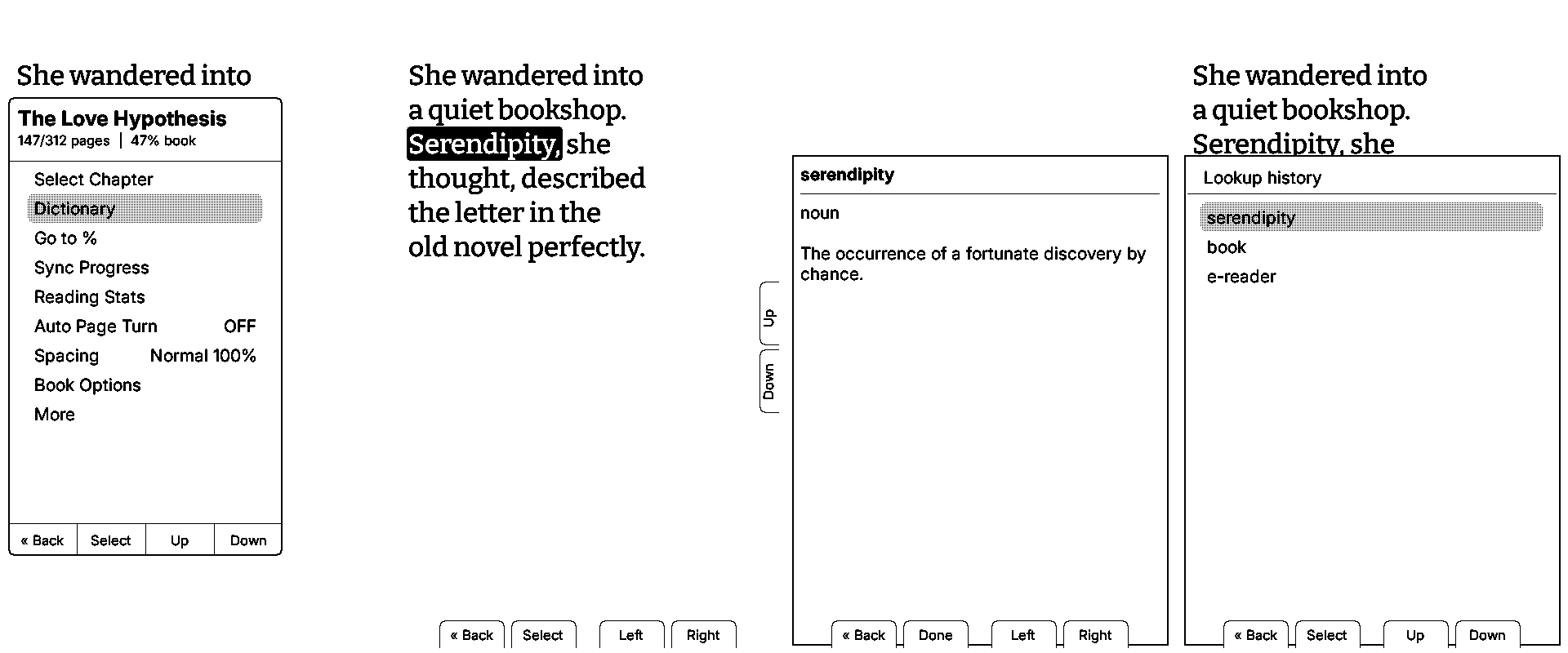 In-book dictionary lookup from word selection through saved history