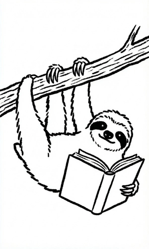 Sloth reading while hanging