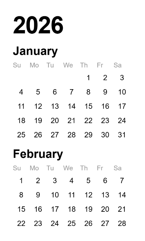 Calendar 2026 Jan-Feb