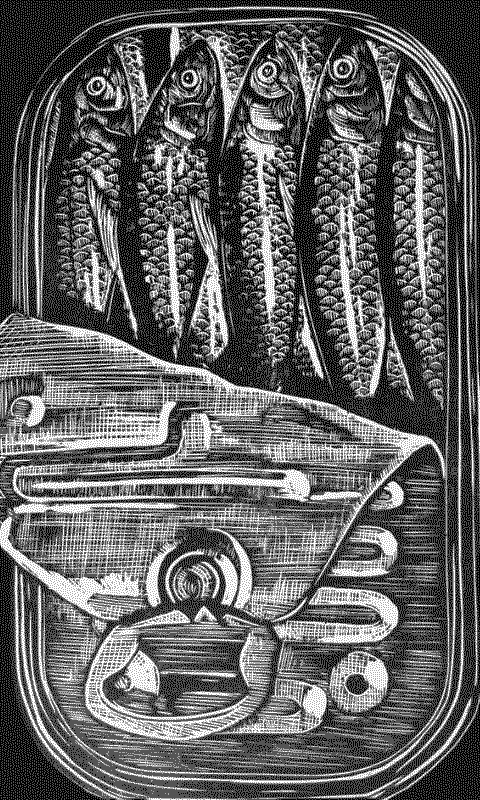 sardines in oil woodcut