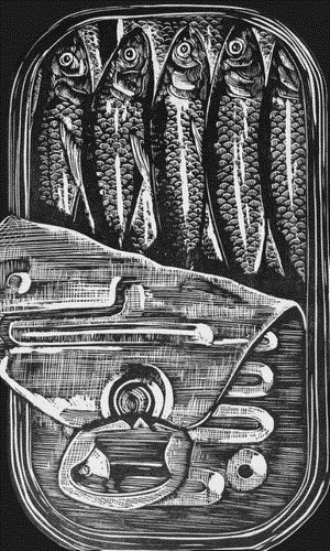 sardines in oil woodcut