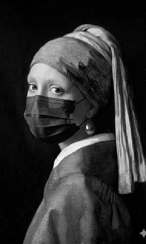 Girl with a pearl earring and black COVID mask