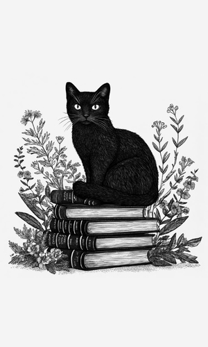 Cat, Books, Flowers